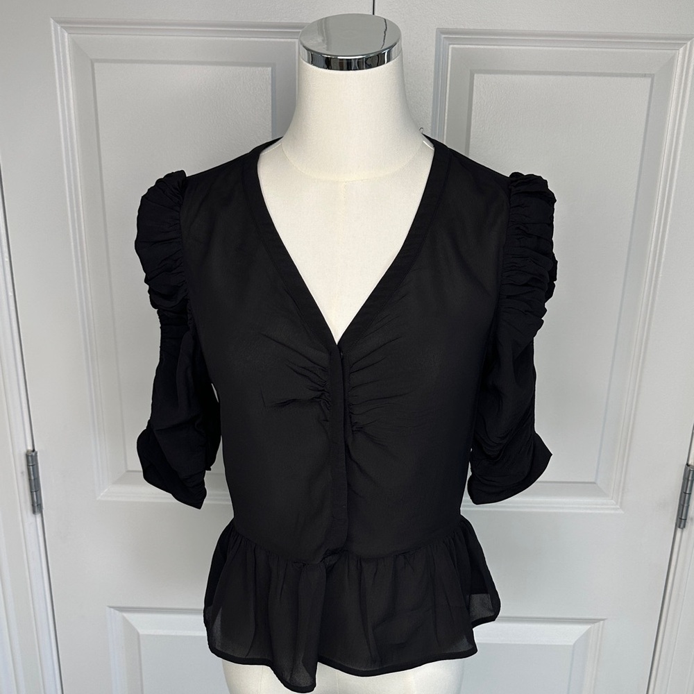 & Other Stories Black Silk Viscose Peplum Ruffled String Sleeve Blouse Size 4